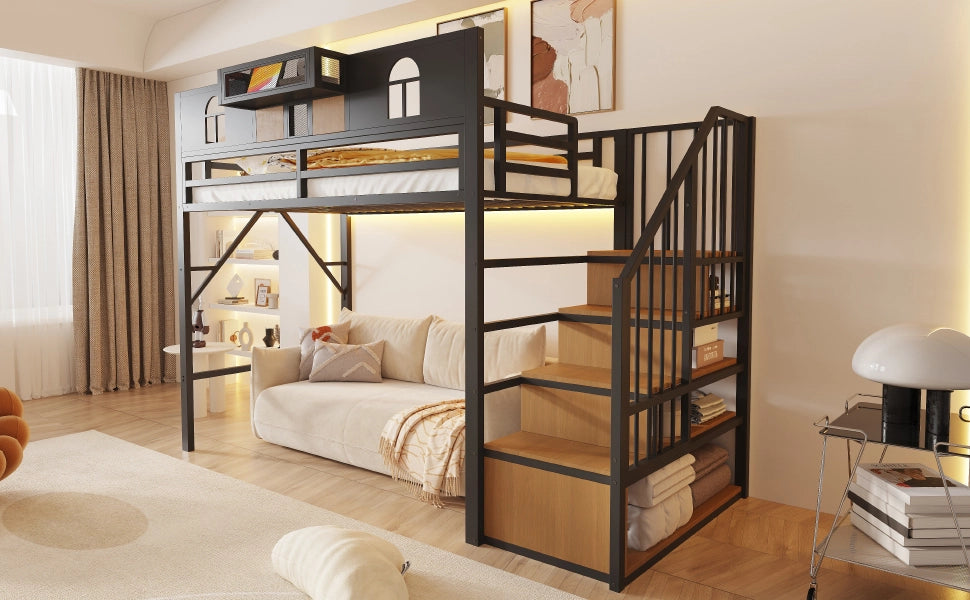 Letto a castello in metallo con scala contenitore e LED, 90x200 cm, nero