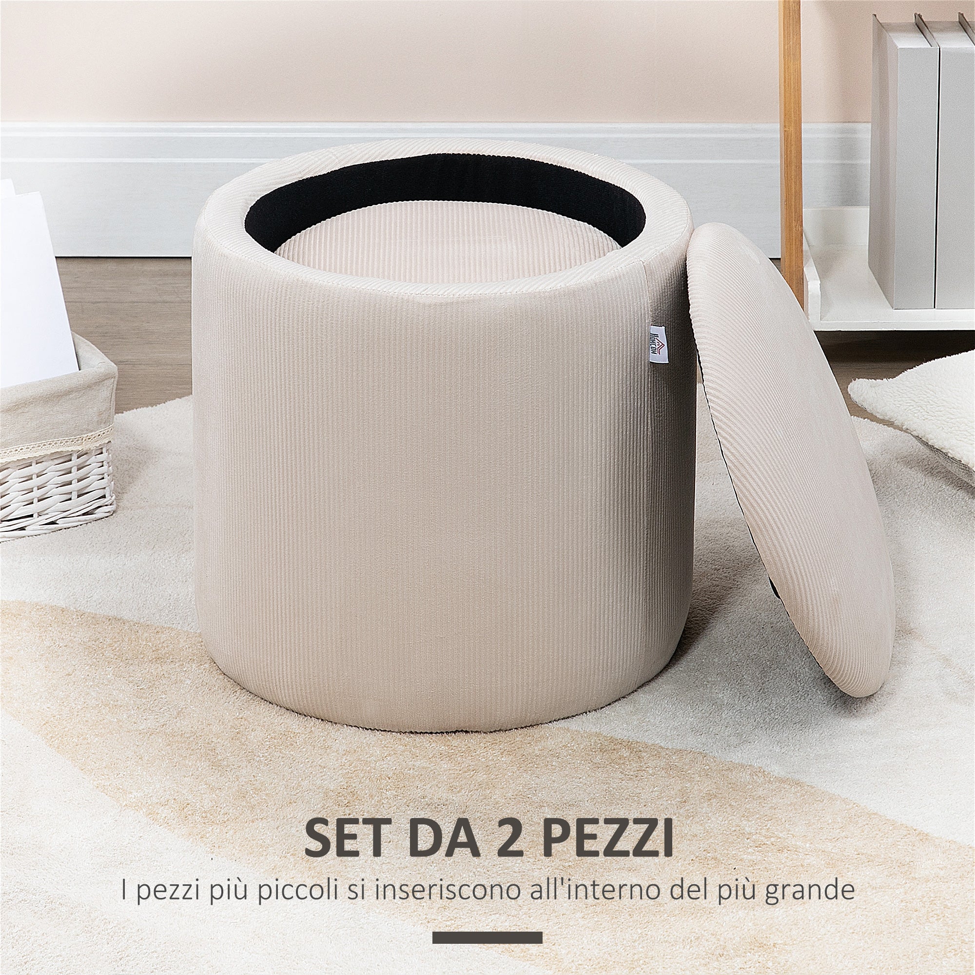Set di 2 Pouf Contenitore Salvaspazio Rotondi e Imbottiti in Velluto a Coste Bianco