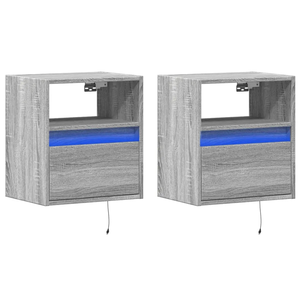 Set di 2 Comodini | Armadio da Notte | Mobiletto da notte a Parete con luci LED Grigio Sonoma