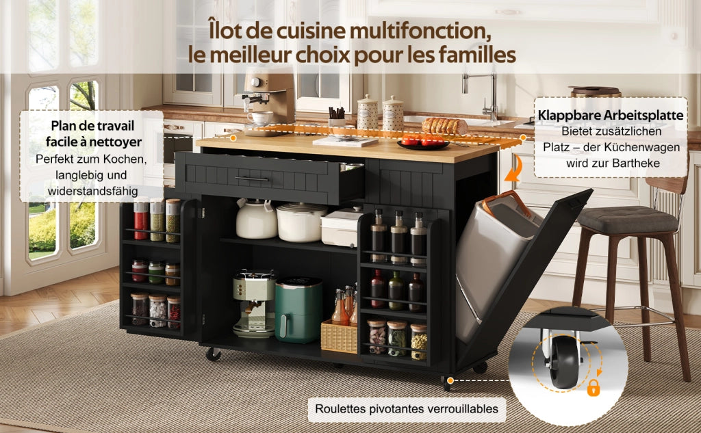 Isola da cucina mobile con piano ribaltabile, ruote bloccabili, credenza portaoggetti e vano rifiuti nascosto, 130x70x93 cm