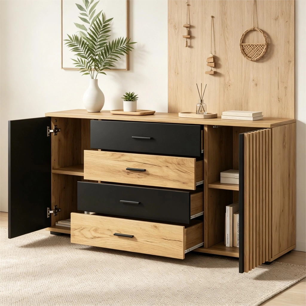 Credenza 140x35x70 cm con 4 cassetti e 2 ante; MDF; rovere e nero