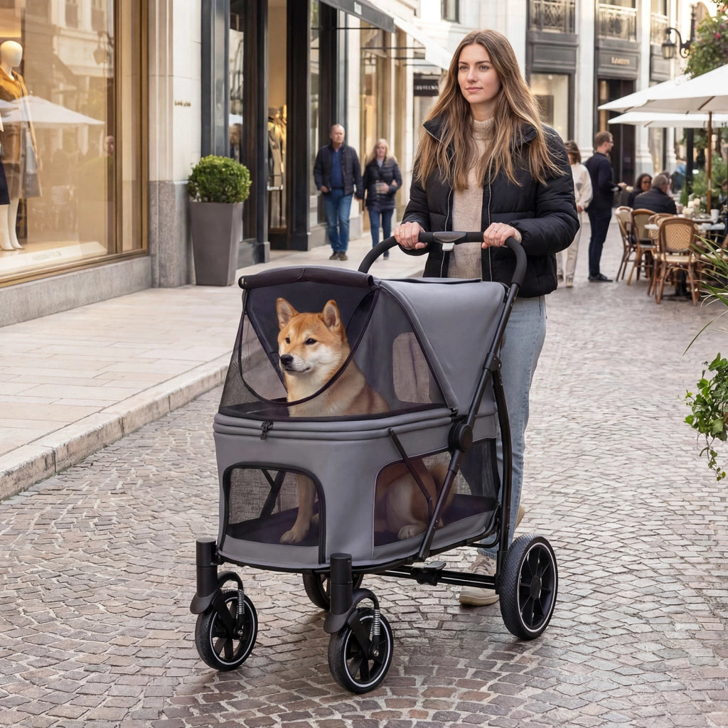 Passeggino pieghevole per cani entrata bassa tettuccio regolabile in rete tasche porta oggetti, Cintura di sicurezza carrello viaggio 4 ruote cani e gatti Grigio
