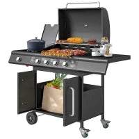 Barbecue a Gas con Fornello Laterale, Tavolino e Armadietto, in Acciaio e PP, 129.5x56x110 cm, Nero