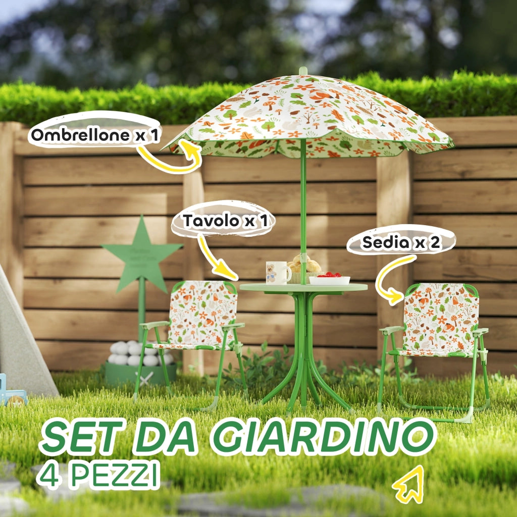 Set da Giardino per Bambini 2-5 Anni con Tavolino 2 Sedie e un Ombrellone Verde