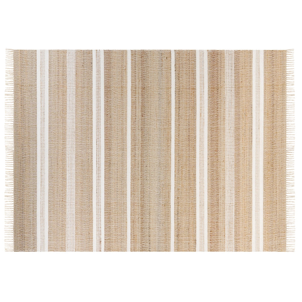 Tappeto in iuta beige e bianco con motivo a righe e nappe 160 x 230 cm soggiorno camera da letto stile boho