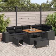 Set divano da giardino 9 pezzi con cuscini in polyrattan nero e acacia