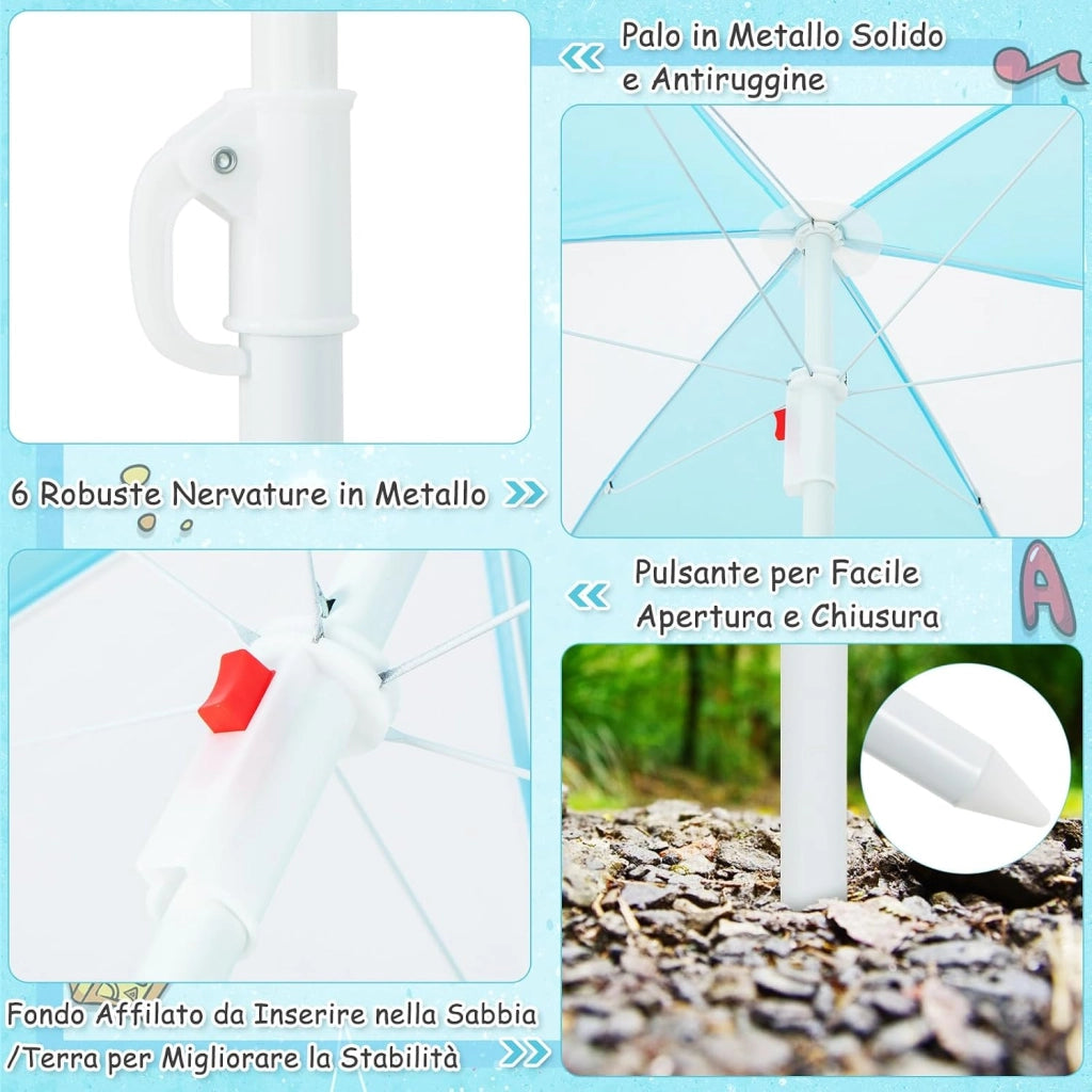 Set Tavolo e Sedie per Bambini da Giardino 3 in 1, con Ombrellone Rimovibile e Regolabile, Piano Rimovibile, Tavolo con Panche in Legno per Bambini da Interno Esterno (Blu e Bianco)