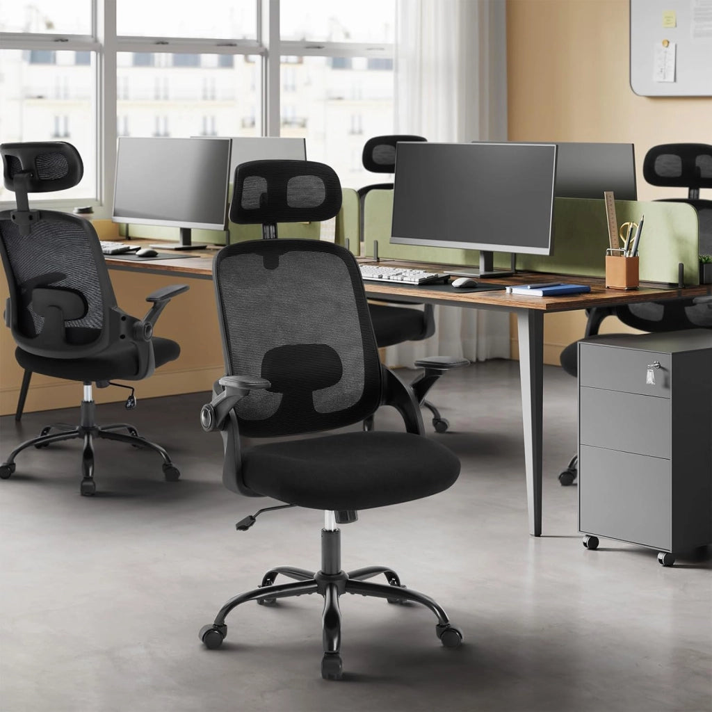 Sedia Ufficio Ergonomica con Poggiatesta e Braccioli Regolabili, Supporto Lombare, Poltrona Scrivania Girevole in Rete Traspirante Funzione Dondolo, Nero