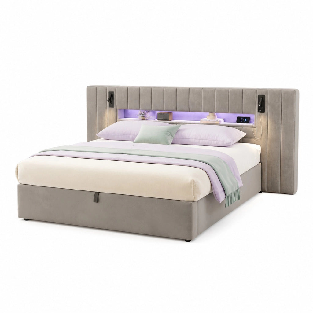Letto matrimoniale imbottito 180x200 cm in velluto grigio con USB; LED e contenitore