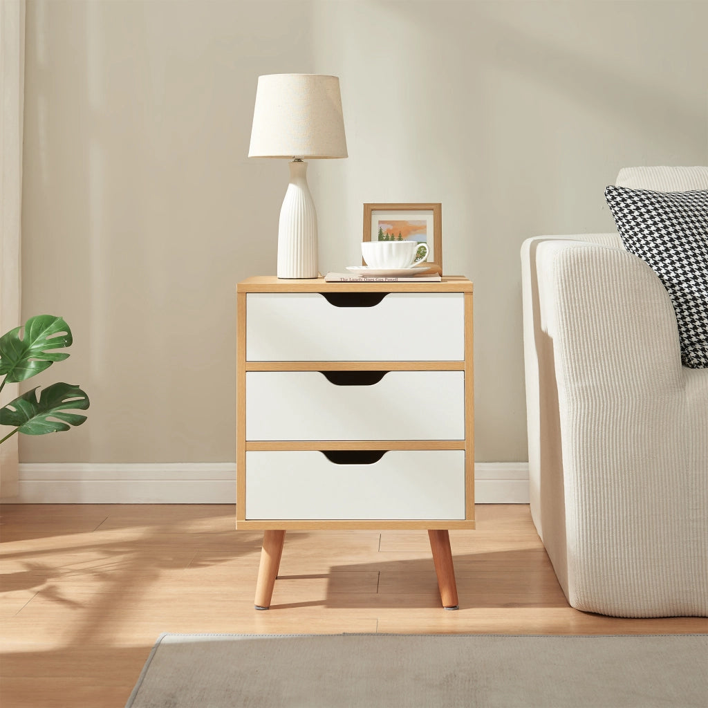 Comodino Bordkak con 3 Cassetti 55 x 40 x 30 cm - Effetto Rovere / Bianco [en.casa]