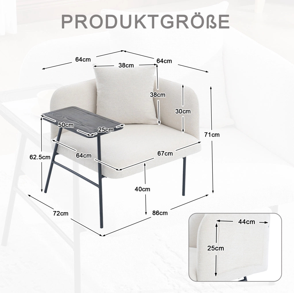 Poltrona in ciniglia beige con tavolino laterale e 2 tasche portaoggetti