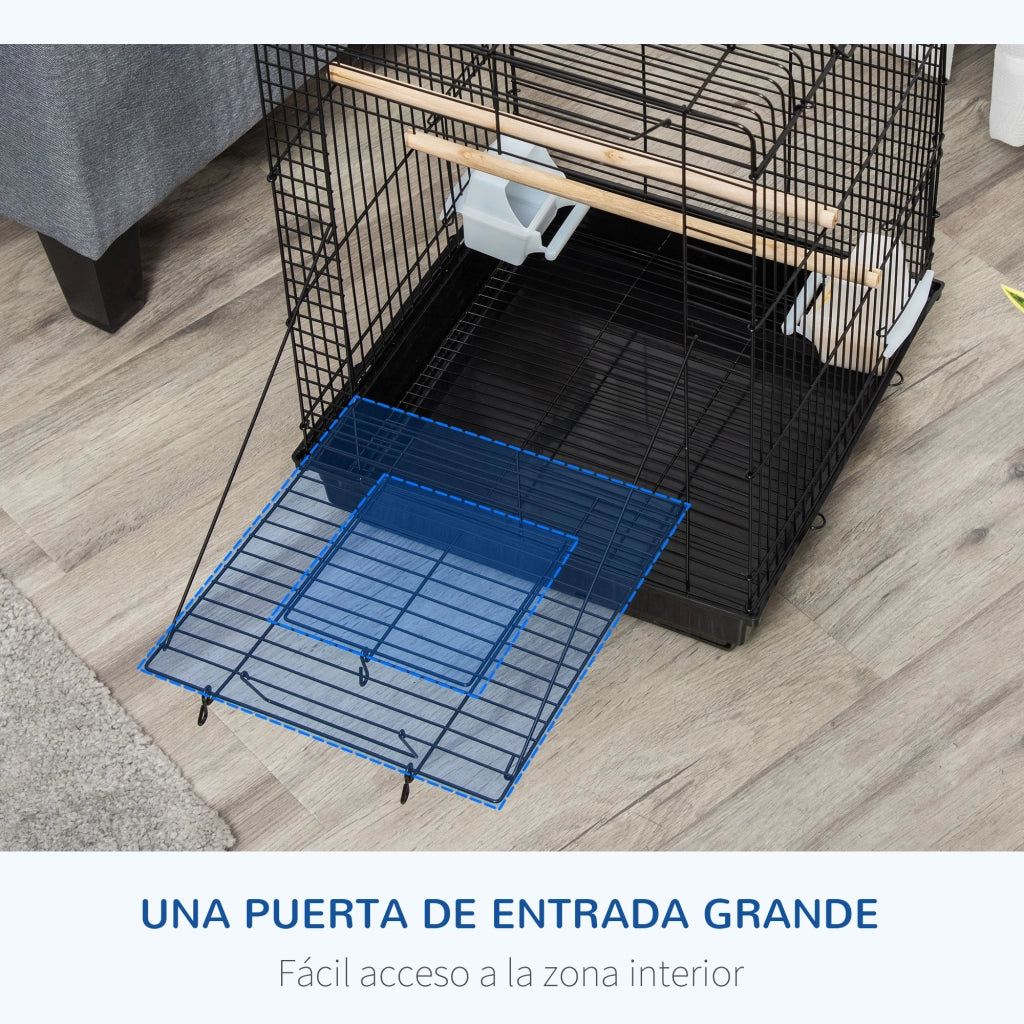 Gabbia per Uccelli ¨C Xylo ¨C 40x40x59 cm, Tetto Apribile, 2 Posatoi, 2 Mangiatoie, Vassoio Estraibile, Nero