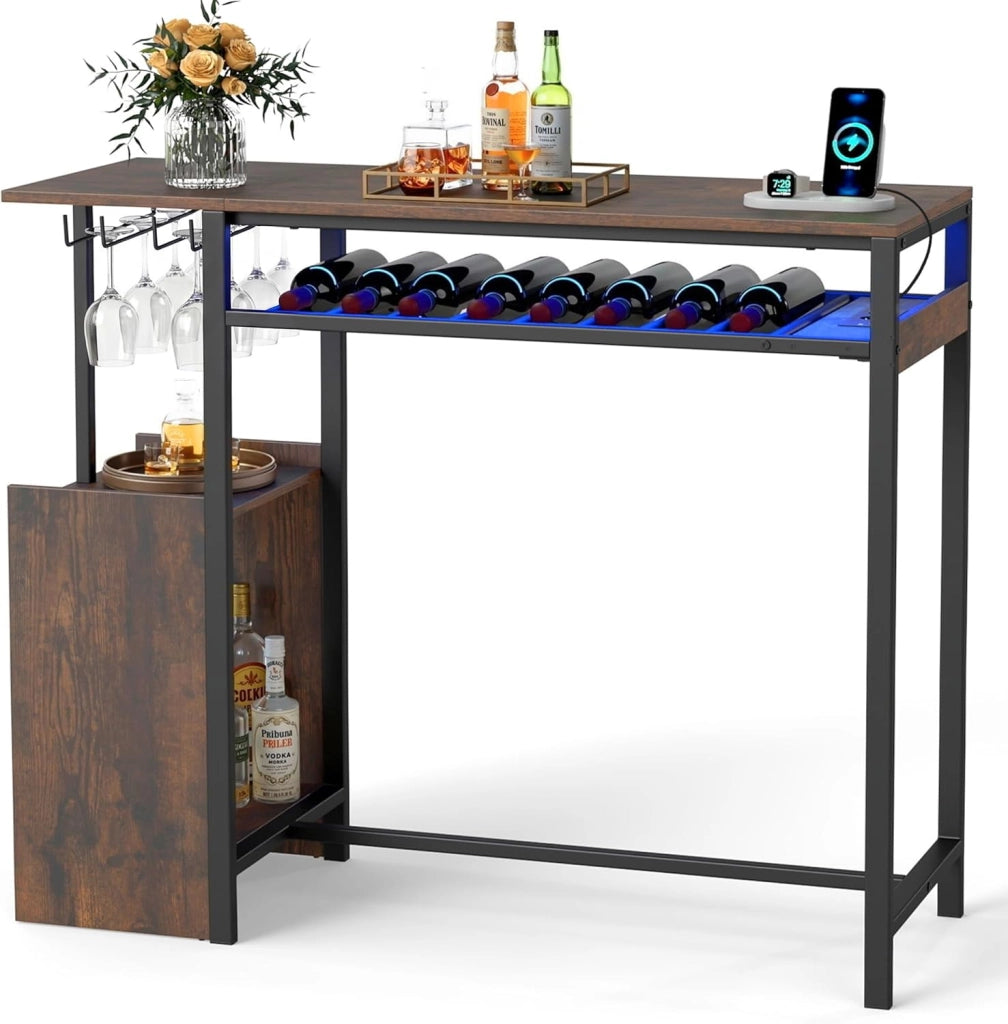 Tavolo da Bar con Luce Regolabile, Tavolino Alto con Stazione di Ricarica, Portabottiglie e Portabicchieri, Tavolino da Cucina per Soggiorno e Sala da Pranzo, 110 x 40 x 92 cm