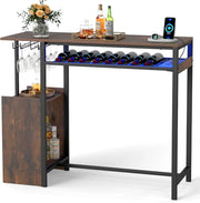 Tavolo da Bar con Luce Regolabile, Tavolino Alto con Stazione di Ricarica, Portabottiglie e Portabicchieri, Tavolino da Cucina per Soggiorno e Sala da Pranzo, 110 x 40 x 92 cm