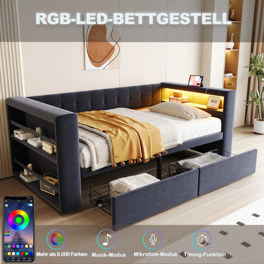 Letto singolo imbottito 90×190 cm con LED; prese e 2 cassetti; senza materasso; grigio scuro