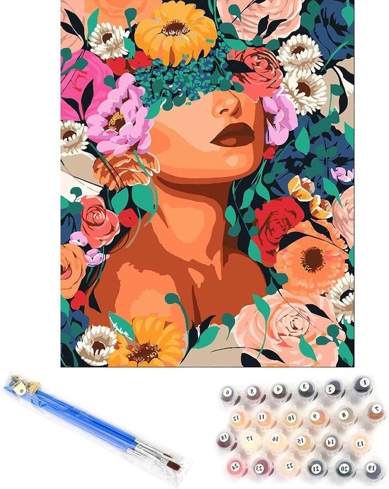 Scheda per Dipingere per Adulti - Donna e Fiori - Kit per Dipingere all'Olio DIY - Iniziante - Kit di Pittura Acrilica - Decorazione Casa - Regalo - Arte - Tela