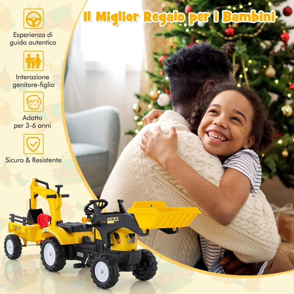 3 in 1 Escavatore per Bambini, Trattore con Rimorchio Staccabile Cavalcabile per Bambini, con 6 Ruote e 2 Benne, per 3-6 Anni (Giallo)