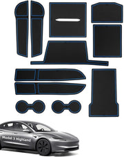 Antislipmatte per Tesla Model 3 Highland 2024-2025, 11 pezzi di gomma per console centrale, cassetta portaoggetti, portabibita, vano porta manubrio, tasca porta braccio, nero e blu