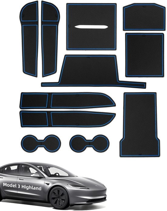 Antislipmatte per Tesla Model 3 Highland 2024-2025, 11 pezzi di gomma per console centrale, cassetta portaoggetti, portabibita, vano porta manubrio, tasca porta braccio, nero e blu