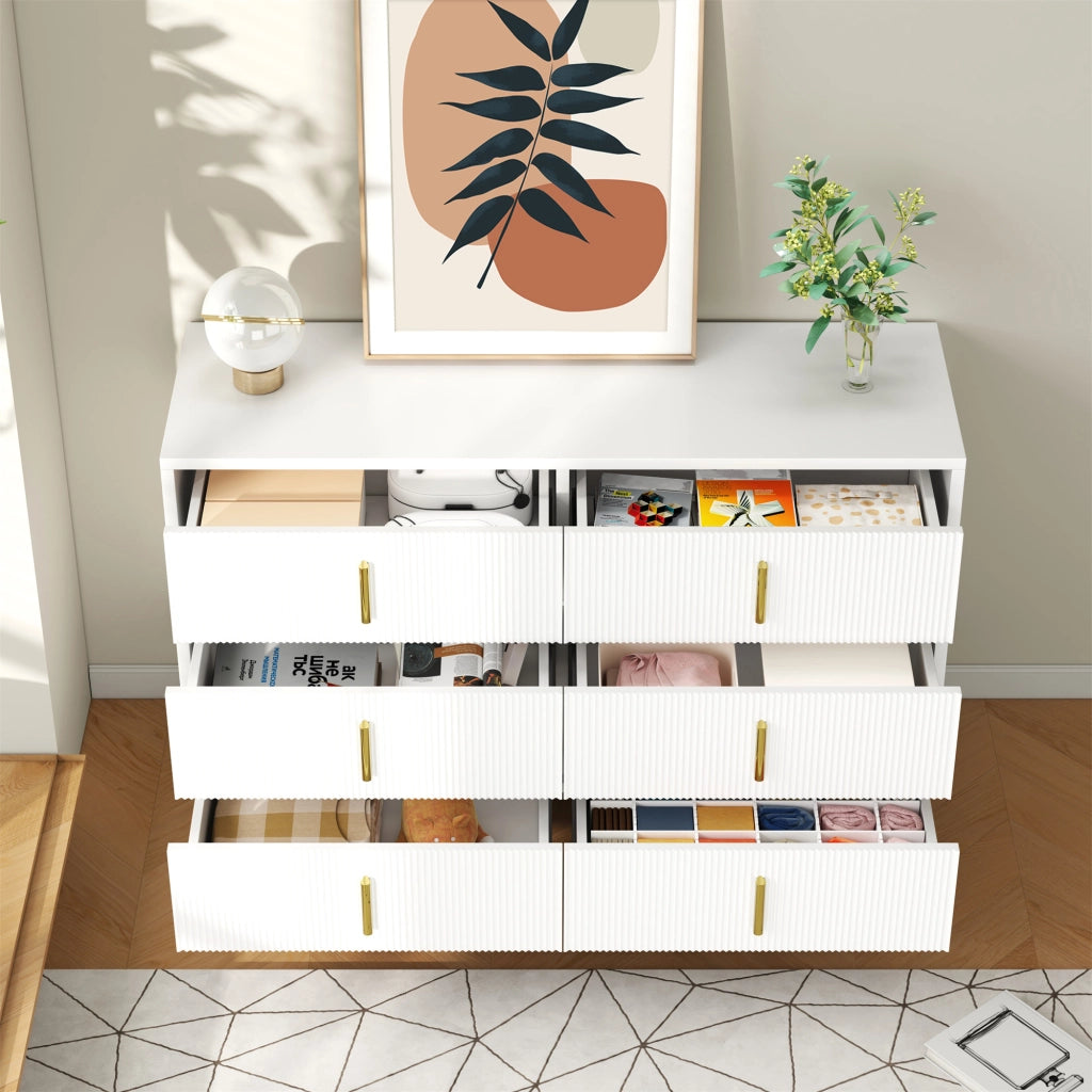 Credenza con 6 Cassetti; Frontale Ondulato; Maniglie e Gambe Dorate; Stile Moderno; in Pannello Truciolare; Bianco+Oro; 120??40??77 cm
