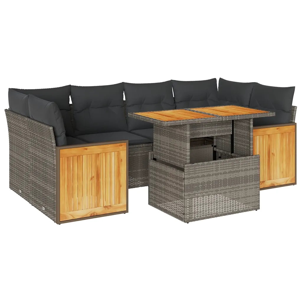 Set Divani da Giardino 7pz con Cuscini Grigio Polyrattan Acacia