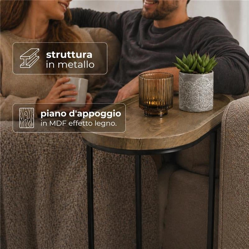 TAVOLINO CON STRUTTURA IN METALLO NERO E TOP IN MDF EFFETTO LEGNO SCURO MISURE: 46X30X60CM