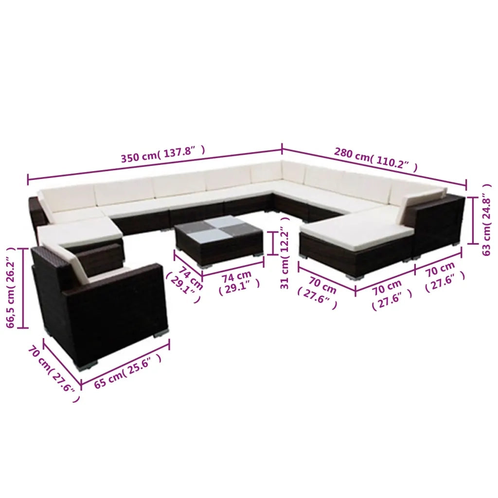 Set Divani da Giardino 12 pz con Cuscini in Polyrattan Nero