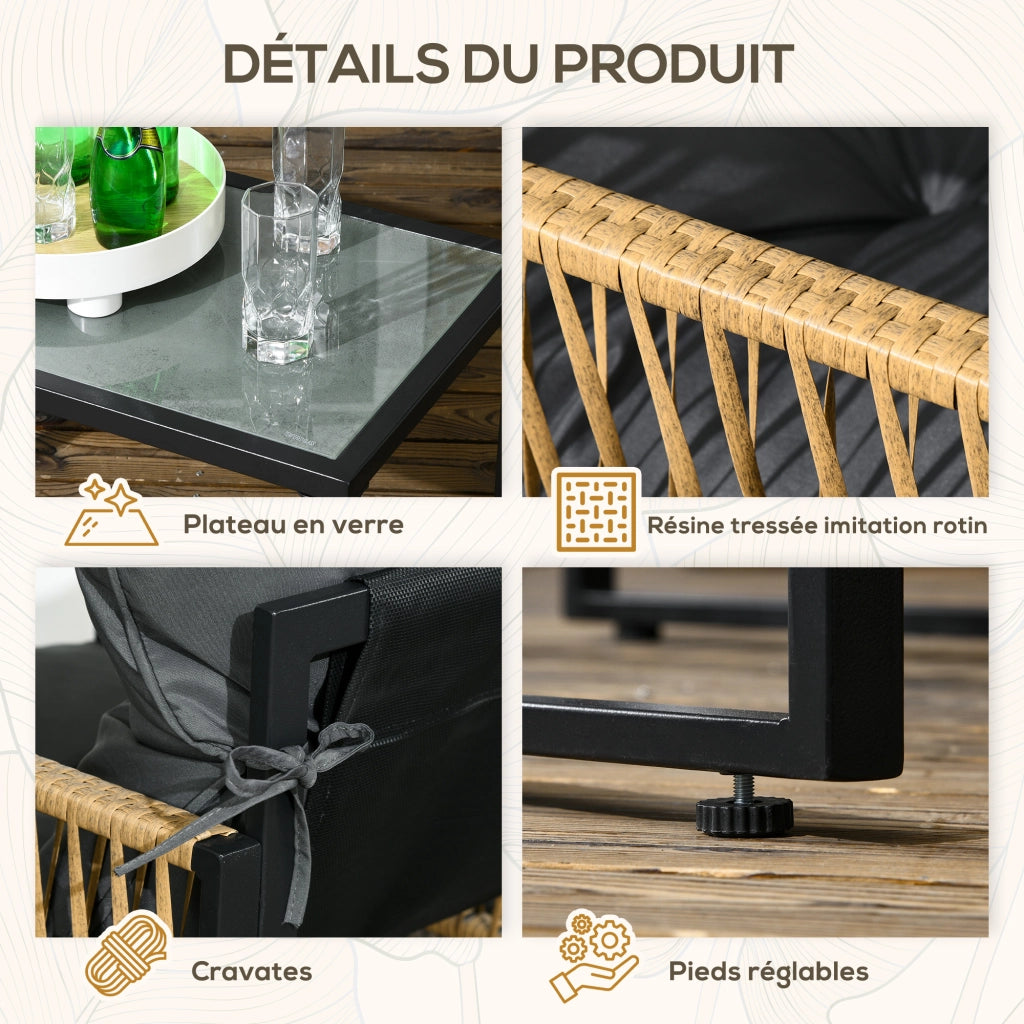 Set salotto da giardino 4 pezzi con divano 2 posti, 2 poltrone e tavolino vetro temperato ¨C Zephmum ¨C Grigio