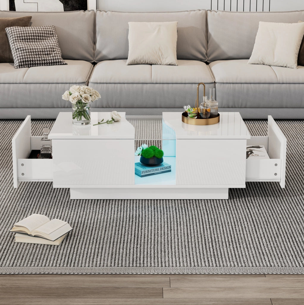 Tavolino da caffè LED bianco con 2 cassetti 100x50 cm