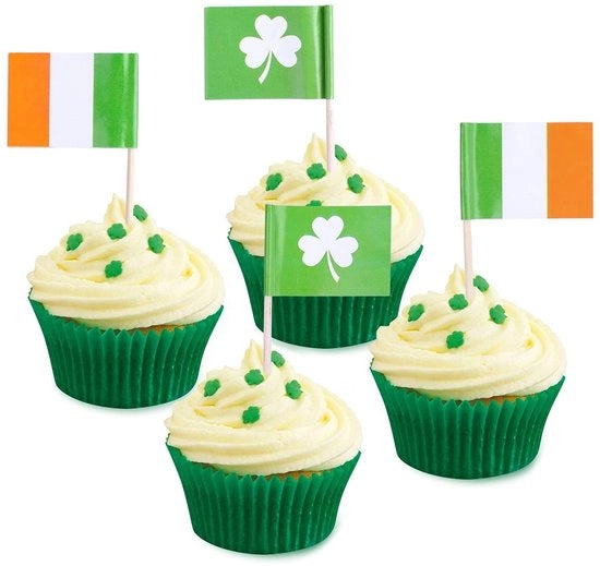 Decorazioni per Cupcake 80 pezzi - Puntine Shamrock / Bandiera Irlandese - Decorazione per Festa - Decorazione per Tavola - Copertina Doppia - Decorazione per Festa con Stampa a Doppio Lato