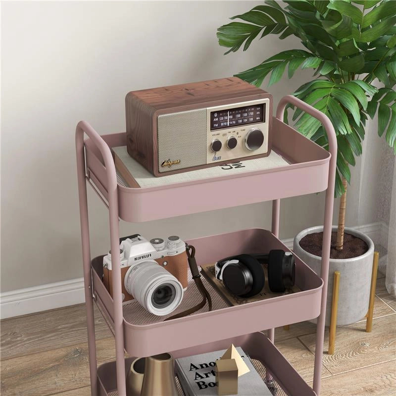 CARRELLO DA CUCINA A 3 LIVELLI CON MANIGLIE E 4 ROTELLE IN ACCIAIO 45X30.6X79 CM ROSA