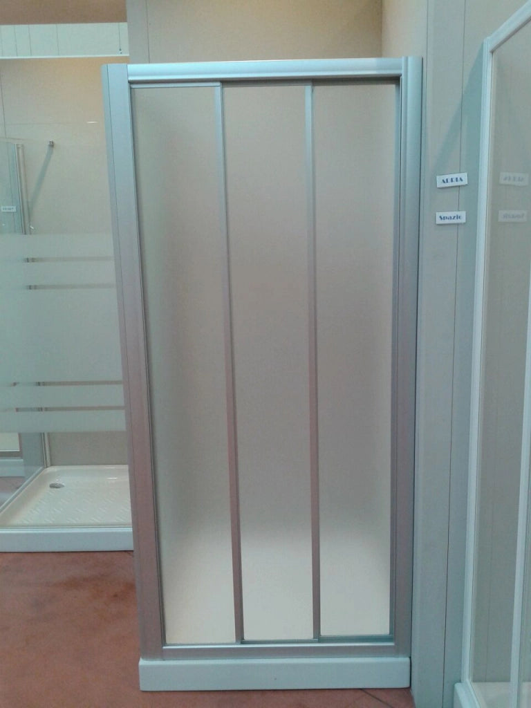 Porta doccia tre ante scorrevole bilaterale, argento, cristallo opaco 3mm, h185 Merbo Tinez Opaco 3mm,Argento satinato,82/88 cm