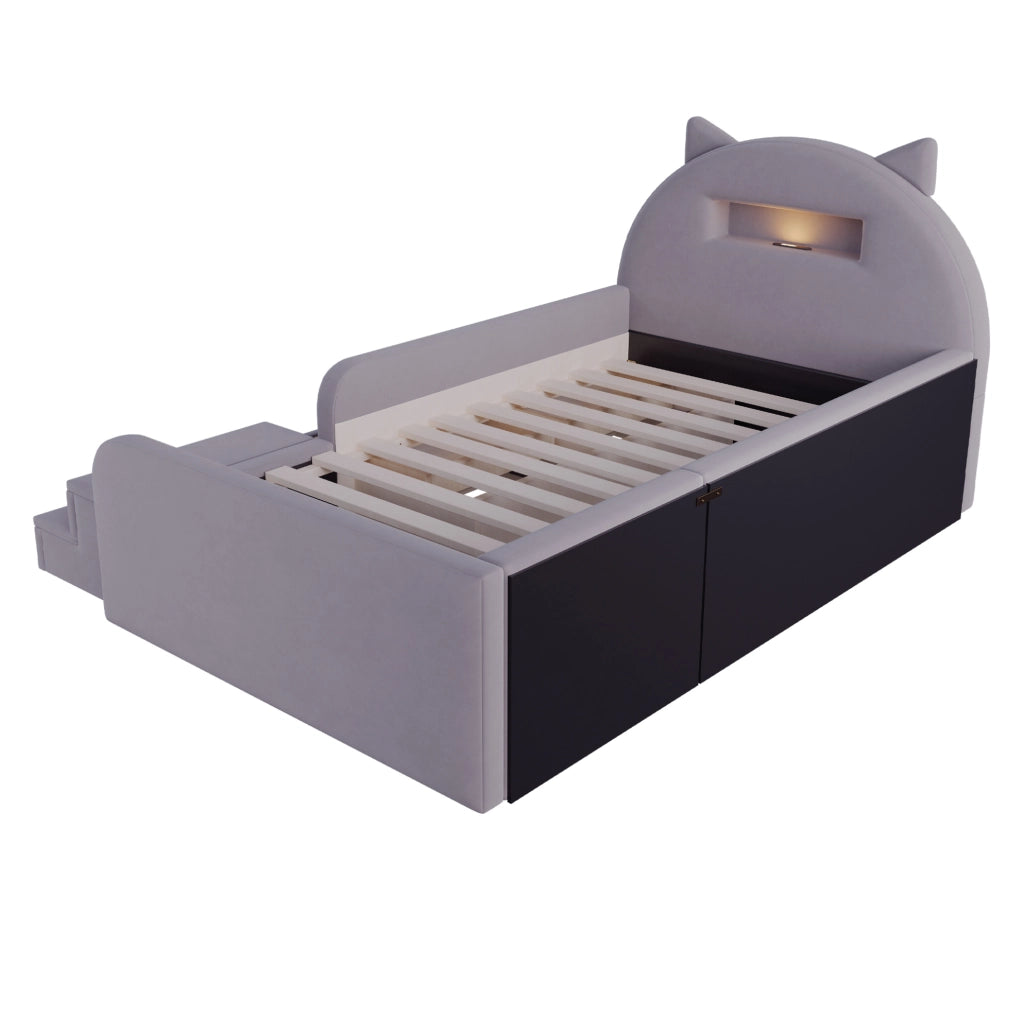 Letto imbottito 90x200 cm con contenitore; luce notturna e USB in velluto grigio scuro