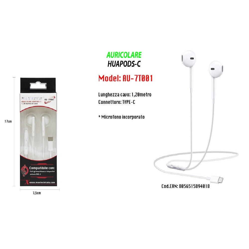Trade Shop - Auricolari Huapods-c Cuffie Per Smartphone Type-c Con Microfono Maxtech Au-7t001 -