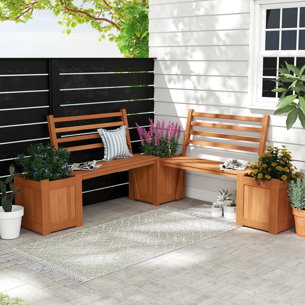 Fioriera da Esterno in Legno con Panca, Panchina da Giardino con 2 Fioriere, Schienale, Base Aperta e Finitura ad Olio di Teak, Contenitore Decorativo per Piante da Cortile e Balcone