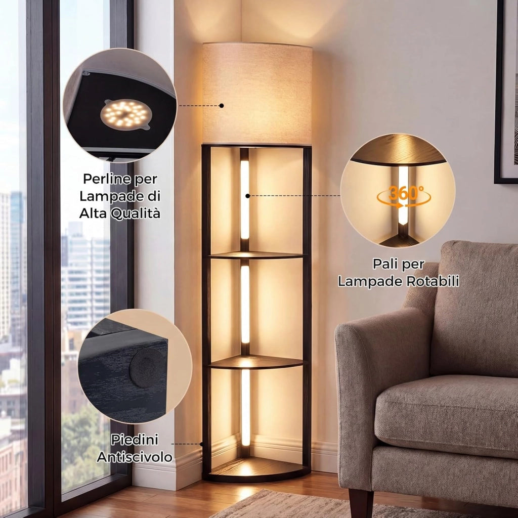 Lampada da Terra Angolare con Mensole, Scaffale a 3 Ripiani con Luci LED Dimmerabili, Paralume in Lino e Interruttore a Pedale, Piantana da Terra per Camera da Letto, Salotto e Studio