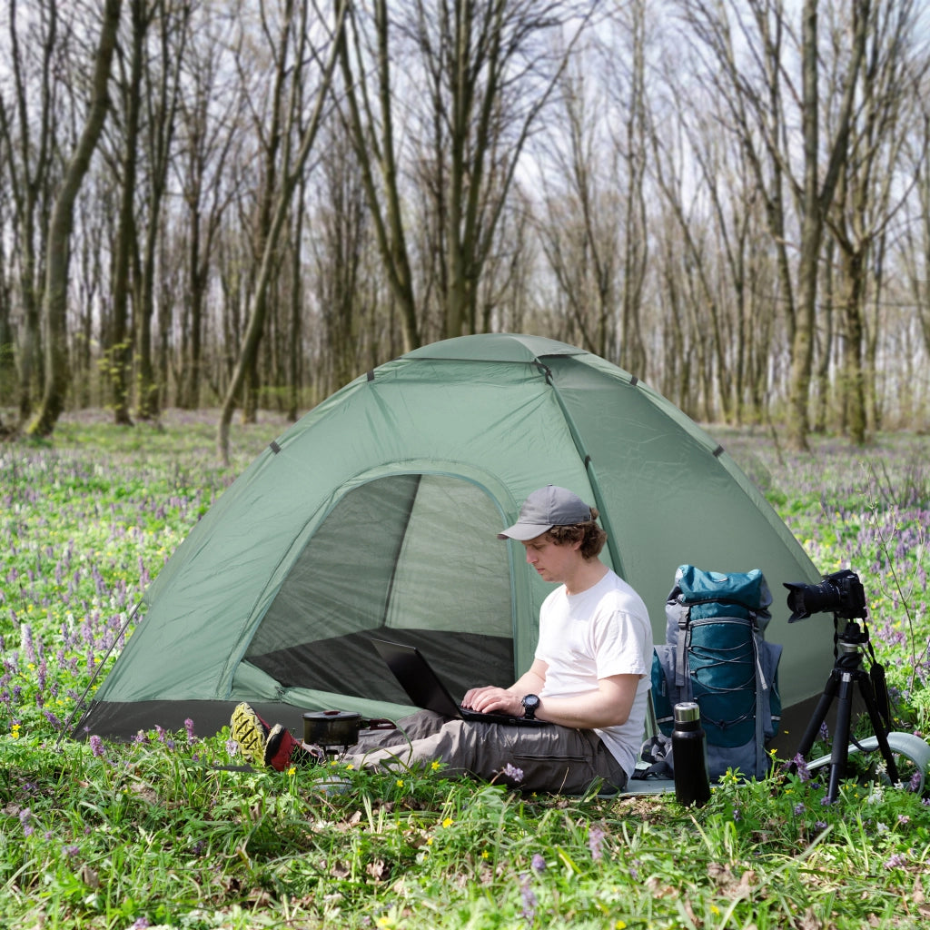 Tenda da Campeggio 2 Posti con Porta a Cerniera. Zanzariera e Sacca di Trasporto. 206x185x120cm. Verde
