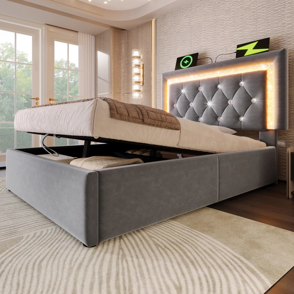 LETTO 90x200 cm in velluto grigio con LED, USB e materasso incluso