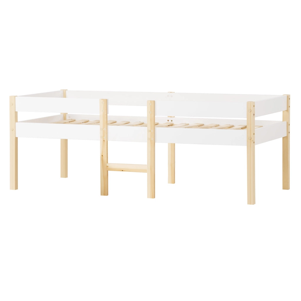 Letto per bambini bianco e rovere con protezione anticasco in legno massello di pino 90x190 cm