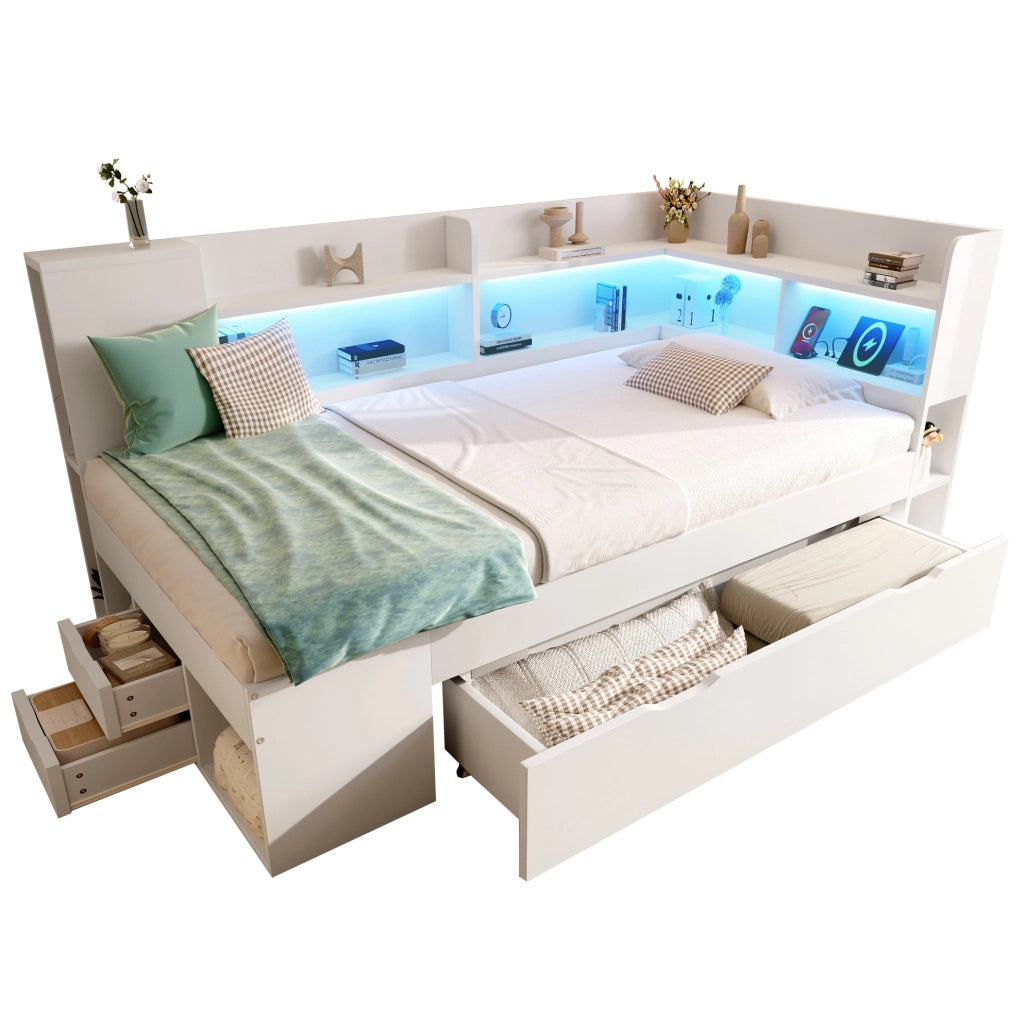 Letto singolo 90x200 cm in legno bianco con LED; USB e Type-C; contenitore e ripiani
