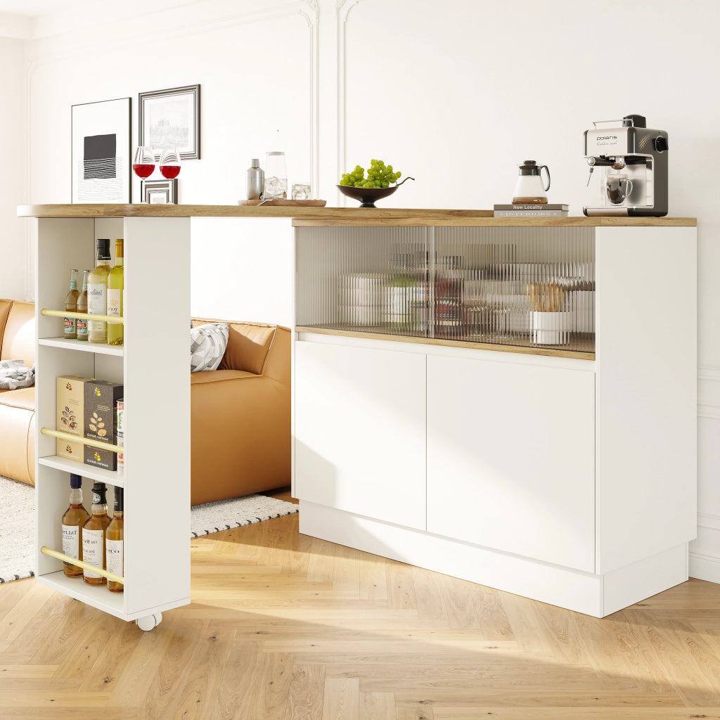 Carrello da cucina girevole con ripiani e anta scorrevole in vetro; mobile bar multifunzione in MDF bianco