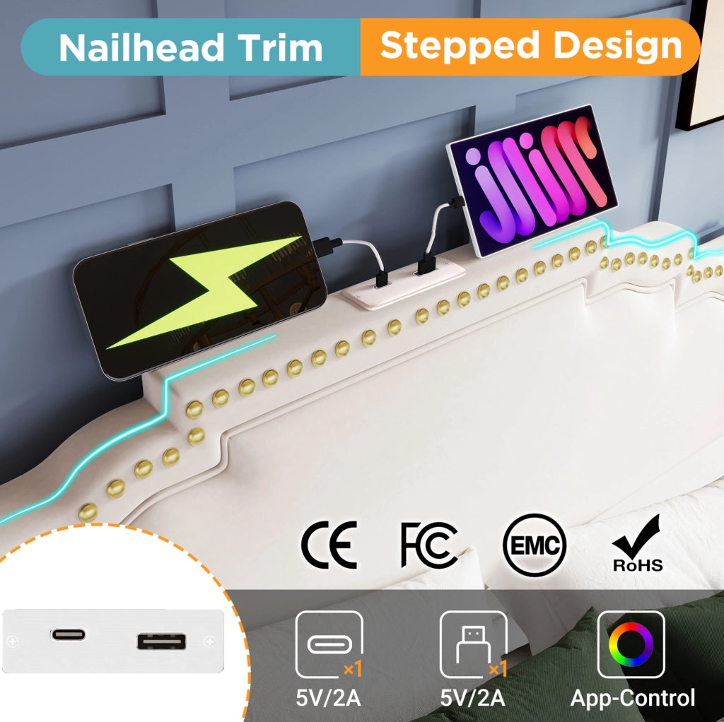 Letto matrimoniale imbottito 140x200 cm in velluto beige con 4 cassetti; LED e USB-C