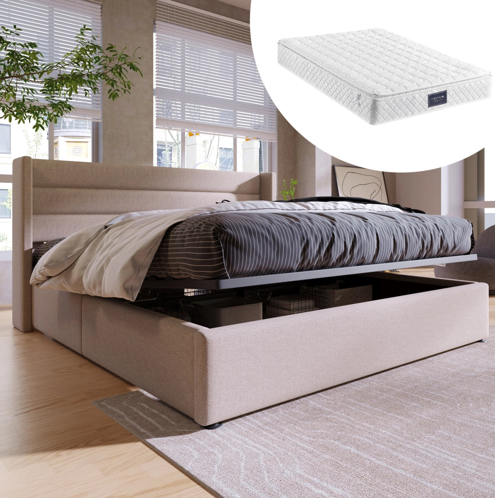 Letto imbottito con vano contenitore idraulico 160 x 200 cm beige