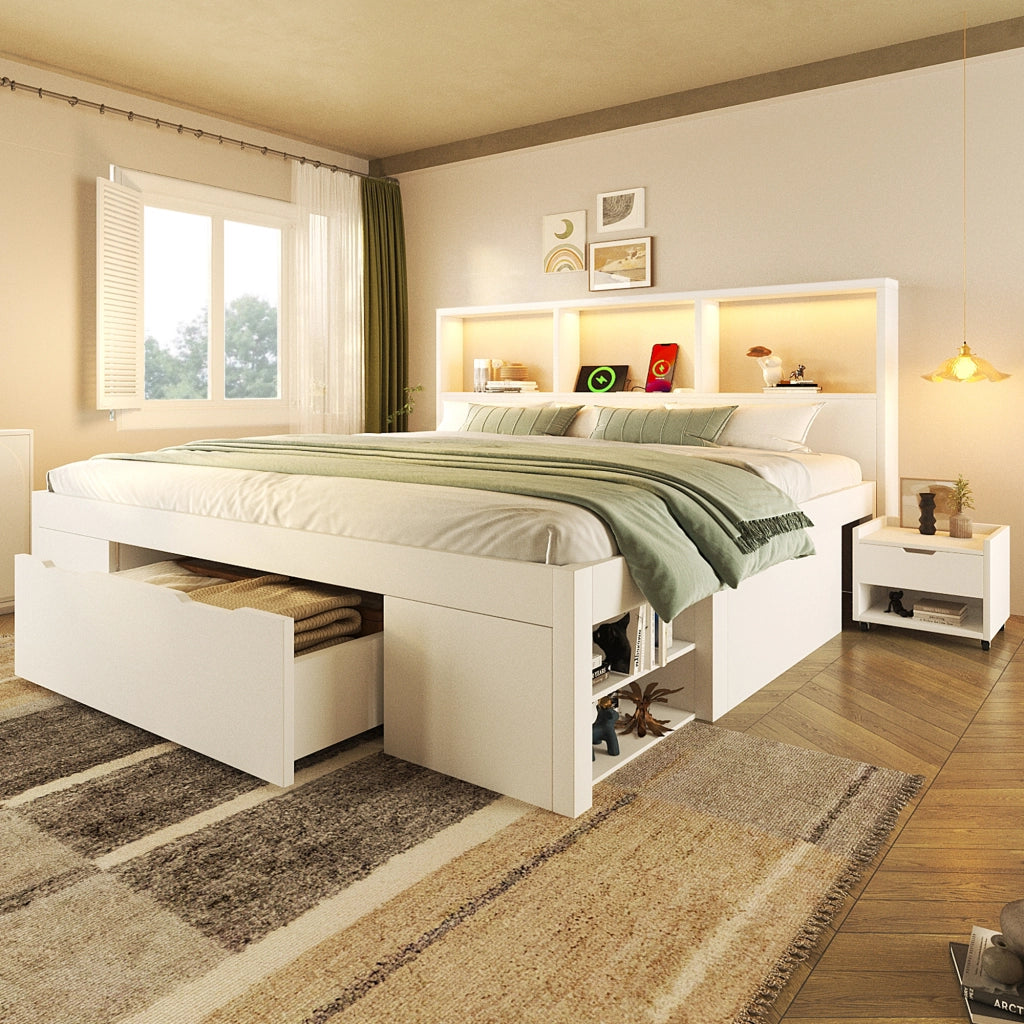 DESMIU Letto Matrimoniale 140 × 200 cm con 2 comodini mobili, LED, USB e Type C, senza materasso, in legno, bianco