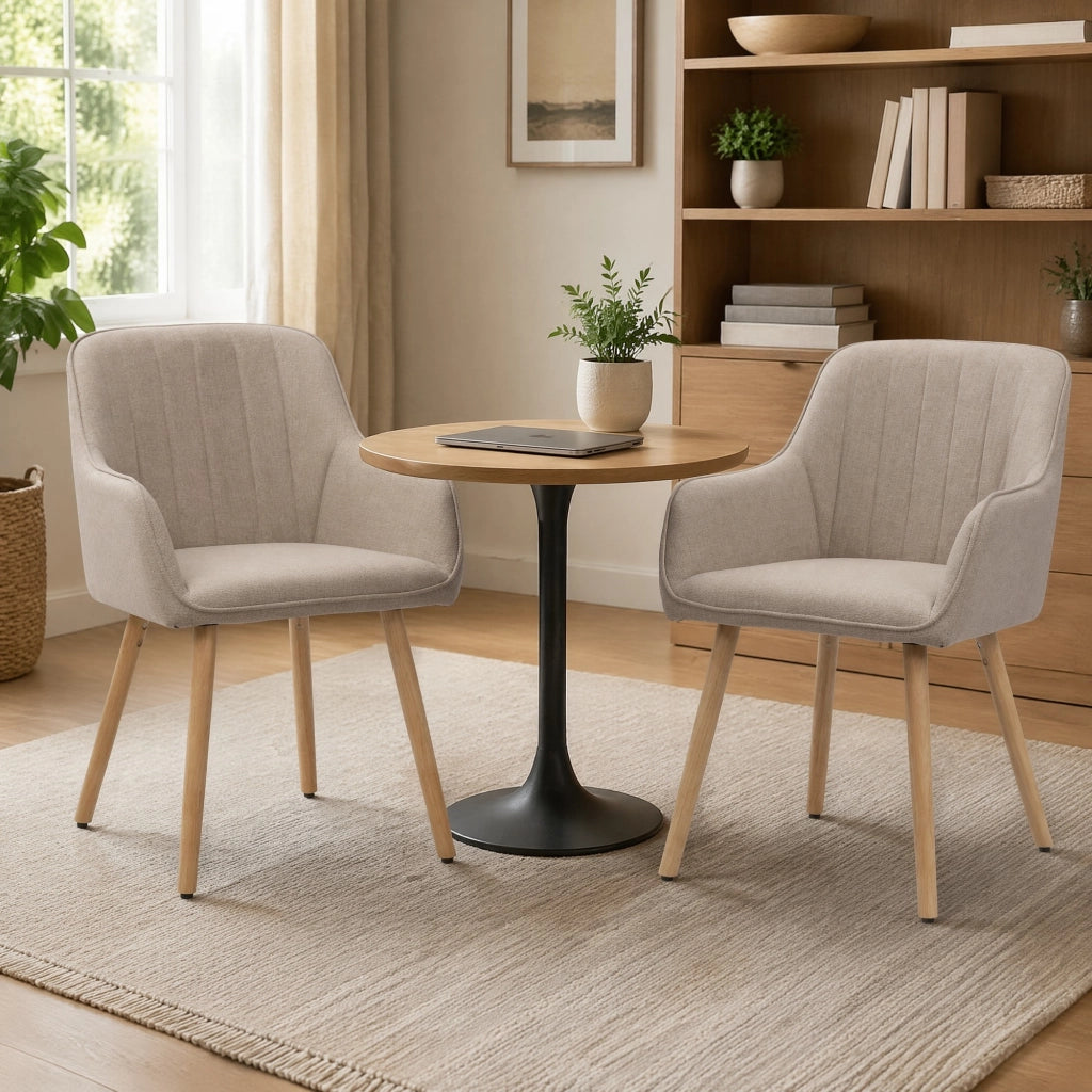Sedia da Pranzo con Braccioli Integrati e Schienale Alto Ergonomico, Gambe in Legno, in Tessuto e Metallo, Cachi