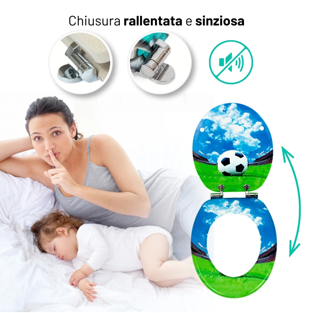 Sedile wc copri vater universale frizionato fantasia in mdf chiusura rallentata *** fantasia stadium, confezione 1
