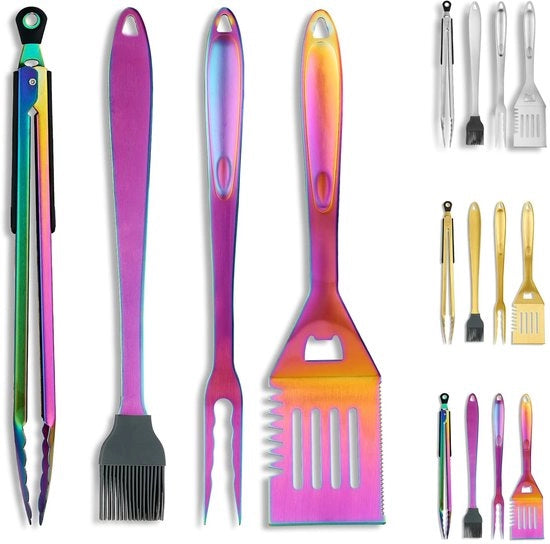 Accessori per Grill a Rainbow - Set 4 pezzi - Resistente al Calore e alla Fiamma - Acciaio Inox Titanio - Per Campeggio e Teppanyaki