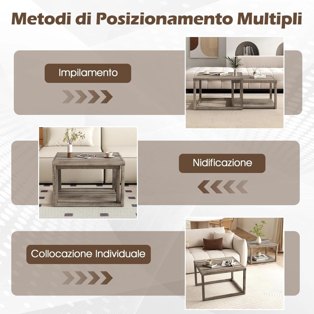 Set di 2 Tavolini Impilabili da Salotto con Ripiano e Struttura in Legno di Gomma, Tavolini Sovrapponibili con Stile Rustico per Soggiorno, Sala d'Attesa e Ufficio, Grigio