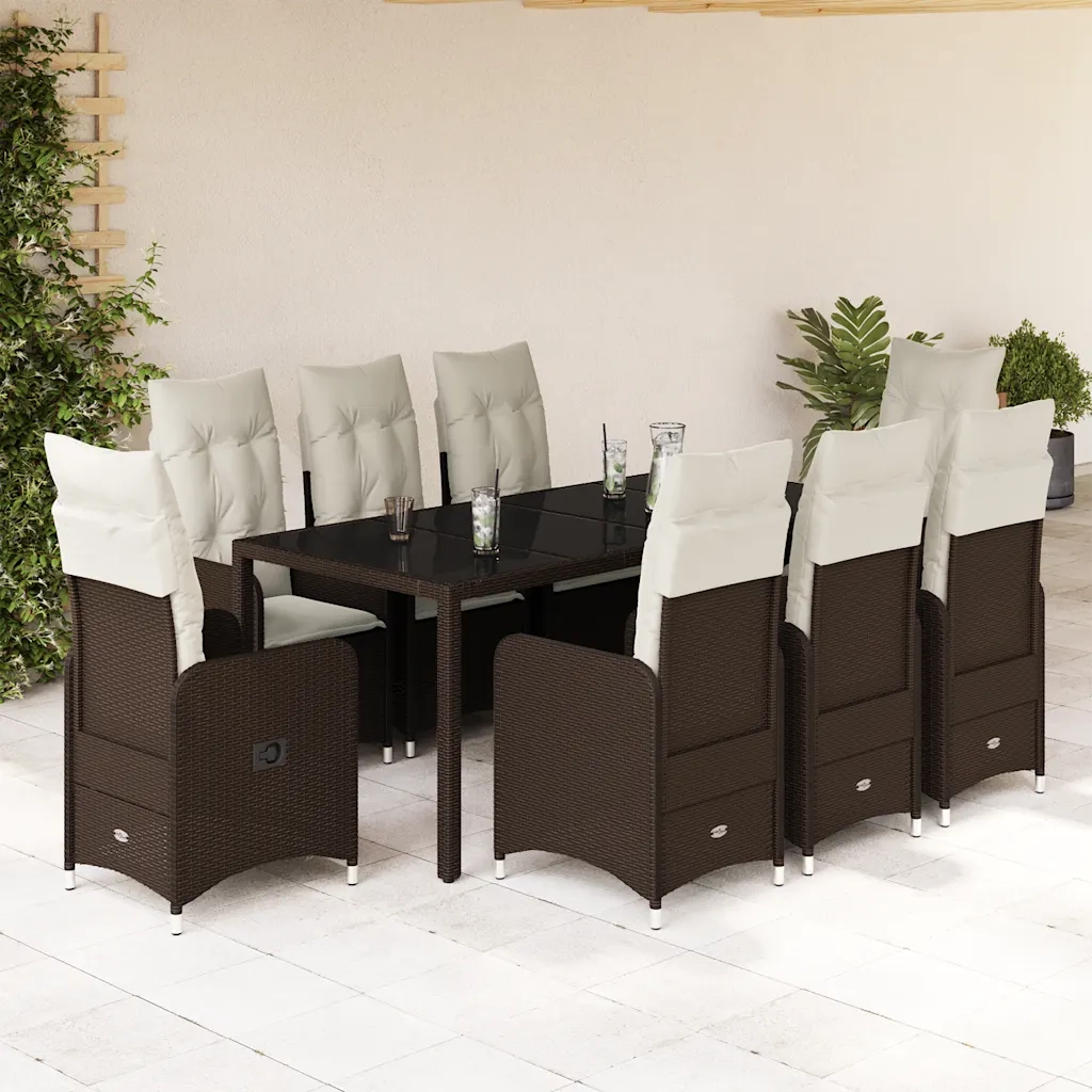 vidaXL Set Bistrò da Giardino 9 pz con Cuscini in Polyrattan Marrone