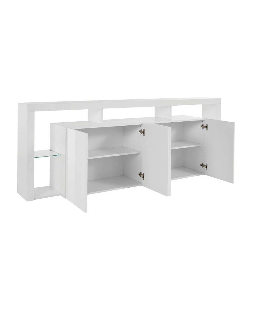 Credenza Atak, Buffet da soggiorno a 4 ante, Madia da salotto, Credenza moderna, 100% Made in Italy, 220x40h80 cm, Bianco lucido